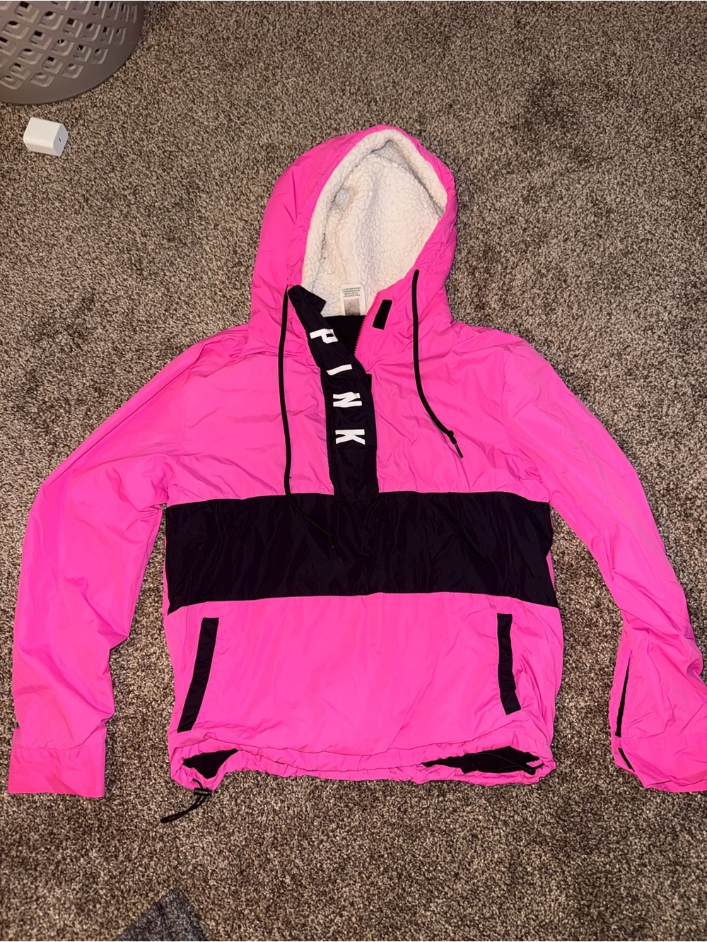 PINK Victoria's Secret Pink and Black Hooded Puffer Jacket - Picture 2 of 5
